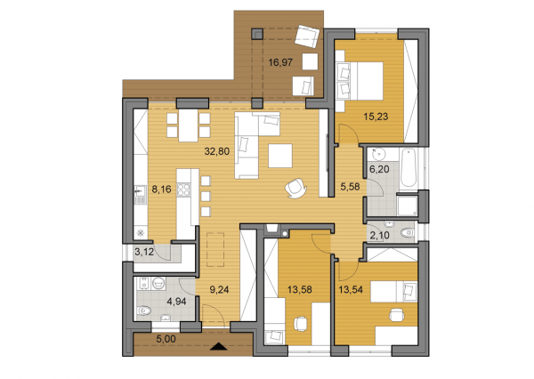 AKTUALIZOVANÉ -4 izbový bungalov na kľúč v tvare L s pozemkom 786 m²